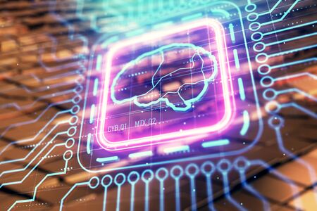 Brain drawing hologram with abstract background. Multi exposure. Data technology concept.の写真素材