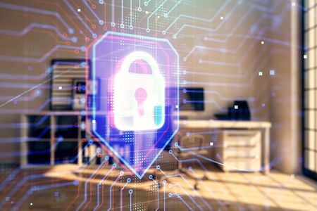 lock sign hologram with minimalistic cabinet interior background. Double exposure. Data security...