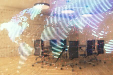Double exposure of globe hologram on conference room background. Concept of international businessの写真素材