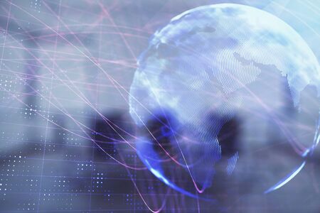 Double exposure of globe hologram on conference room background. Concept of international business