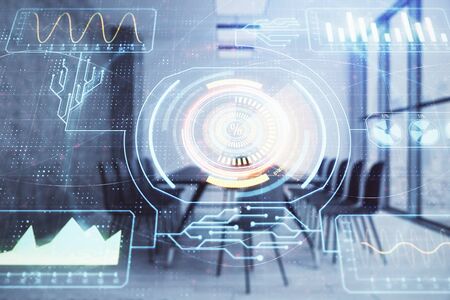 Double exposure of technlogy theme abstract hologram on conference room background. Concept of...