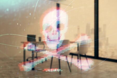 Cyber piracy hologram with minimalistic cabinet interior background. Double exposure. Hacking concept.の写真素材