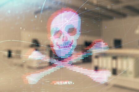 Hacking theme hologram with office interior on background. Double exposure. Concept of cyber piracy