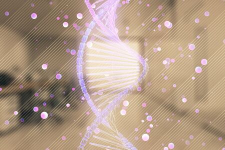 DNA drawing with office interior on background. Double exposure. Concept of educationの写真素材