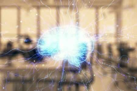 Human brain drawing with office interior on background. Double exposure. Concept of innovation.