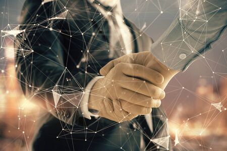 Double exposure of abstract technology drawing on cityscape background with two businessmen...