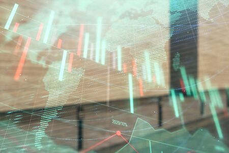 Double exposure of stock market graph and globe hologram on empty exterior background. Concept of...