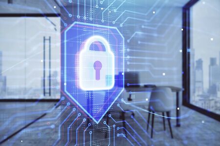 lock sign hologram with minimalistic cabinet interior background. Double exposure. Data security concept.の写真素材