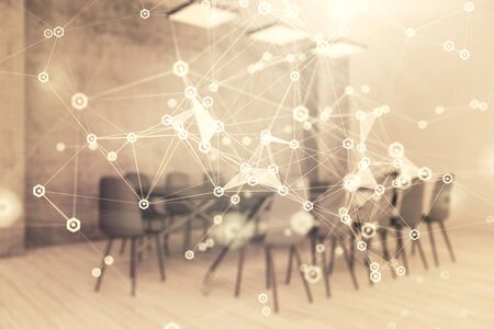 Double exposure of technlogy theme abstract hologram on conference room background. Concept of hightechの写真素材