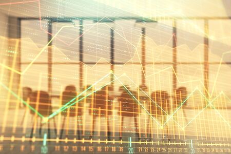 Multi exposure of stock market graph on conference room background. Concept of financial analysis