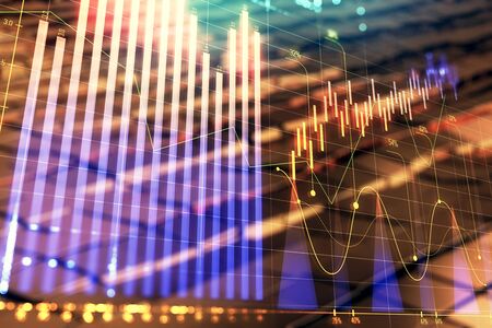 Financial chart hologram with abstract background. Double exposure. Concept of market analysis