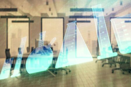 Flasks hologram with office interior on background. Double exposure. Concept of educationの写真素材