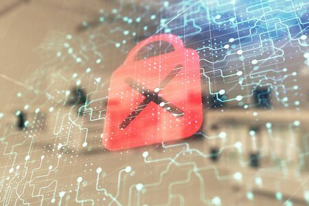 Lock icon drawing with office interior on background. Double exposure. Concept of data security