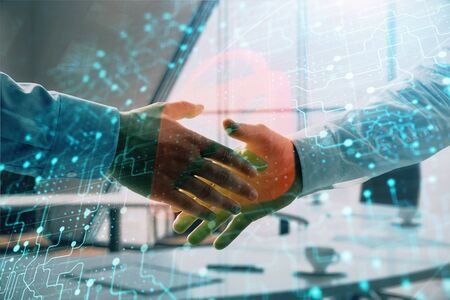 Double exposure of lock icon hologram on office background with two men handshake. Concept of data...