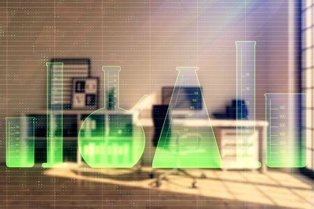 Flask hologram with minimalistic cabinet interior background. Double exposure. Study concept.の写真素材