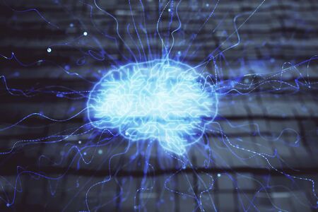 Brain drawing hologram with abstract background. Multi exposure. Data technology concept.