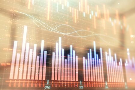Multi exposure of stock market graph on conference room background. Concept of financial analysis