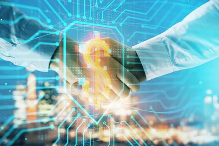 Double exposure of business theme drawing on cityscape background with handshake. Concept of...