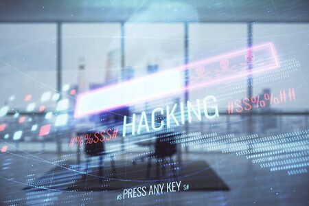 Cyber piracy hologram with minimalistic cabinet interior background. Double exposure. Hacking concept.の写真素材