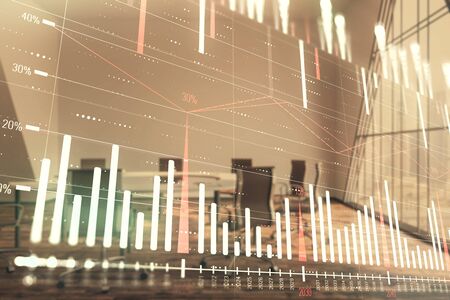 Multi exposure of stock market graph on conference room background. Concept of financial analysisの写真素材