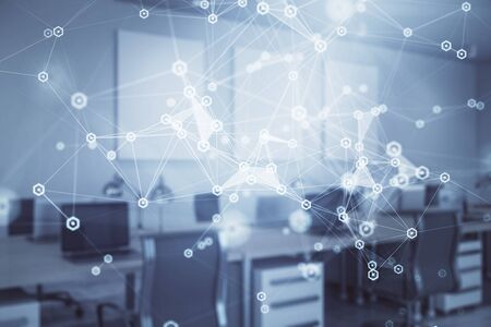 Technology theme drawing with office interior on background. Multi exposure. Concept of innovationの写真素材