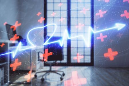 Heart hologram with minimalistic cabinet interior background. Double exposure. Medical education...
