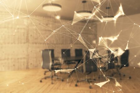 Double exposure of technlogy theme abstract hologram on conference room background. Concept of hightechの写真素材