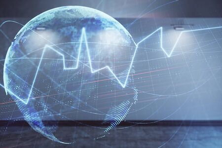 Double exposure of financial chart with world map on empty room interior background. International...