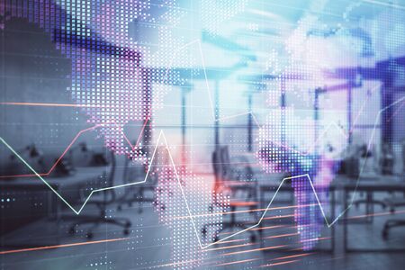 Stock and bond market graph and world map with trading desk bank office interior on background. Multi exposure. Concept of international financeの写真素材