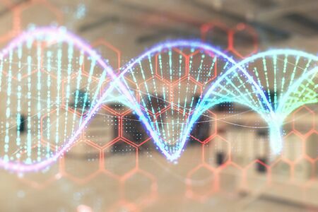 DNA drawing with office interior on background. Double exposure. Concept of education
