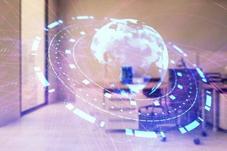World map with trading desk bank office interior on background. Multi exposure. Concept of international financeの写真素材