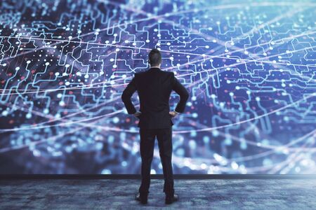 Businessman and abstract tech drawing. Double exposure. Concept of technology innovation