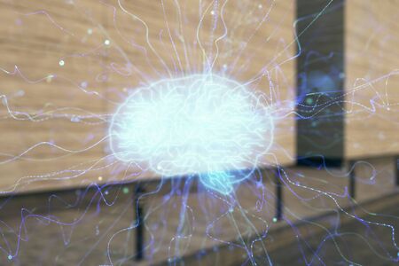 Double exposure of brain sketch hologram on empty exterior background. big data concept