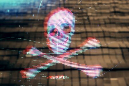 Cyber piracy concept drawing hologram with abstract background. Multi exposure.