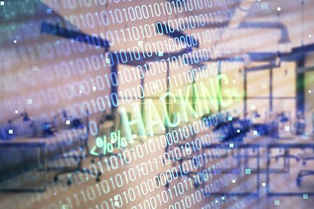 Hacking theme hologram with office interior on background. Double exposure. Concept of cyber piracy