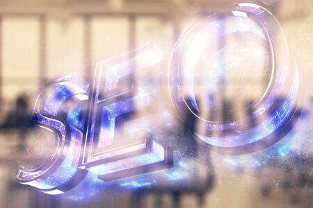 SEO icon hud with office interior on background. Double exposure. Concept of data search