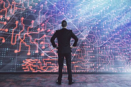 Businessman and abstract tech drawing. Double exposure. Concept of technology innovationの写真素材