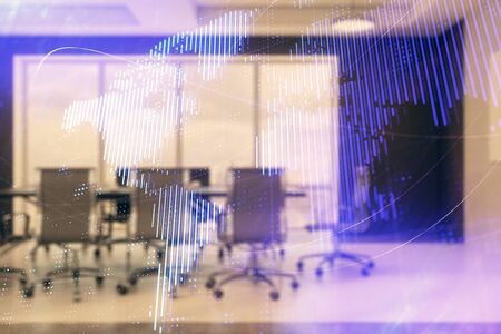 Double exposure of globe hologram on conference room background. Concept of international businessの写真素材