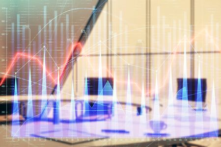 Double exposure of forex chart on conference room background. Concept of stock market analysis