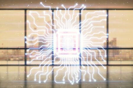 Double exposure of brain drawings hologram on empty room interior background. Data concept.