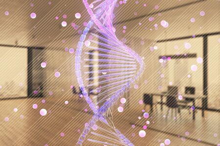 DNA drawing with office interior on background. Double exposure. Concept of educationの写真素材