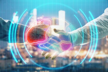Double exposure of human brain drawing on city view background with handshake. Concept of brainstorm