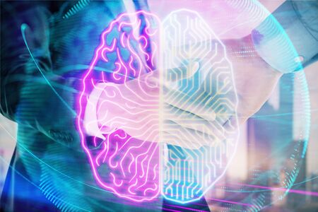 Multi exposure of human brain drawing on city view background with handshake. Concept of brainstormの写真素材