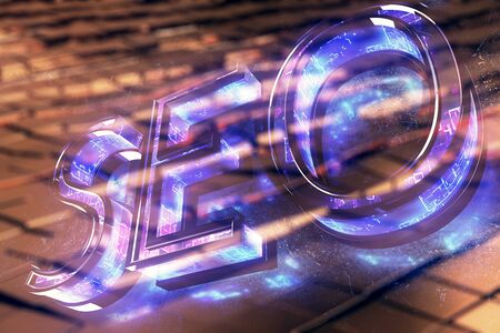 SEO hologram with abstract background. Multi exposure. Concept of Searchの写真素材