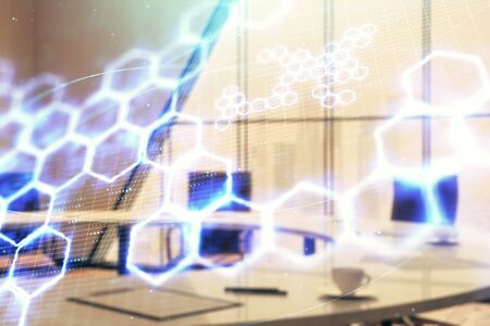 Double exposure of technlogy theme abstract hologram on conference room background. Concept of...