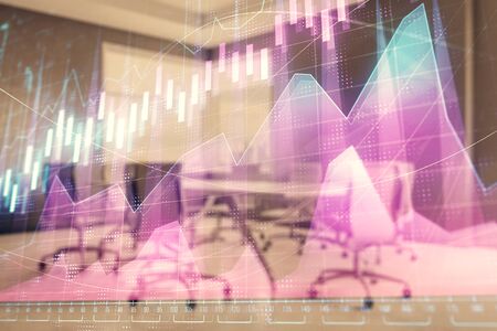 Multi exposure of stock market graph on conference room background. Concept of financial analysisの写真素材