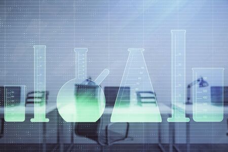 Flasks hologram with office interior on background. Double exposure. Concept of educationの写真素材