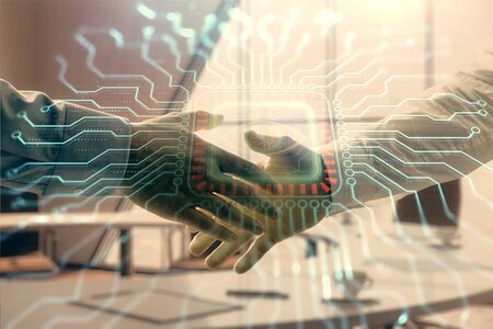Multi exposure of tech theme hologram on office background with two men handshake. Concept of...