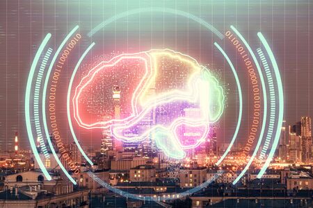 Double exposure of human brain drawing on Moscow cityscape background. Concept of data analysisの写真素材