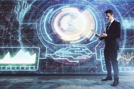 Businessman and abstract tech drawing. Double exposure. Concept of technology innovation